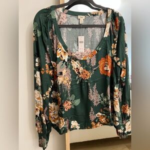 Anthropologie Green Floral Long Sleeve Blouse new size L